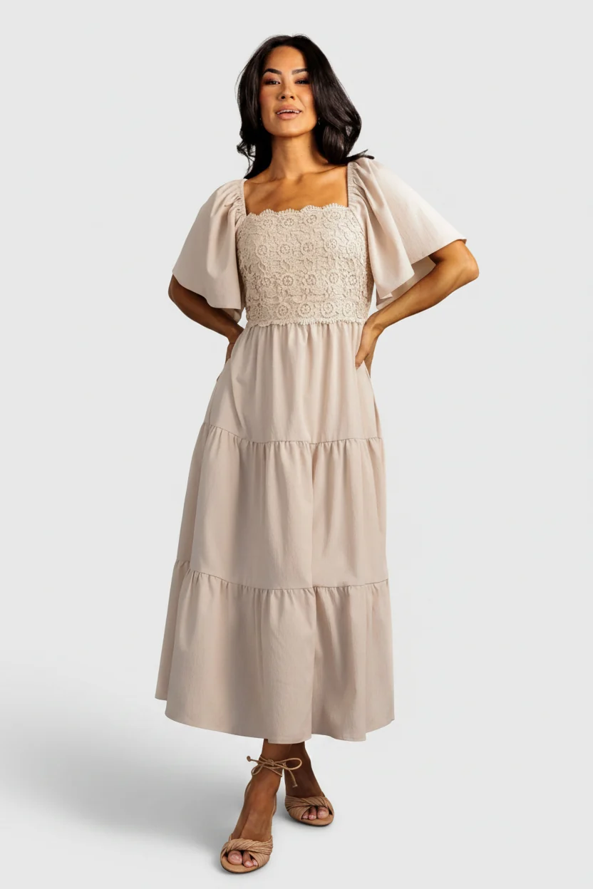 Fauna Lace Top Midi Dress in Natural Taupe
