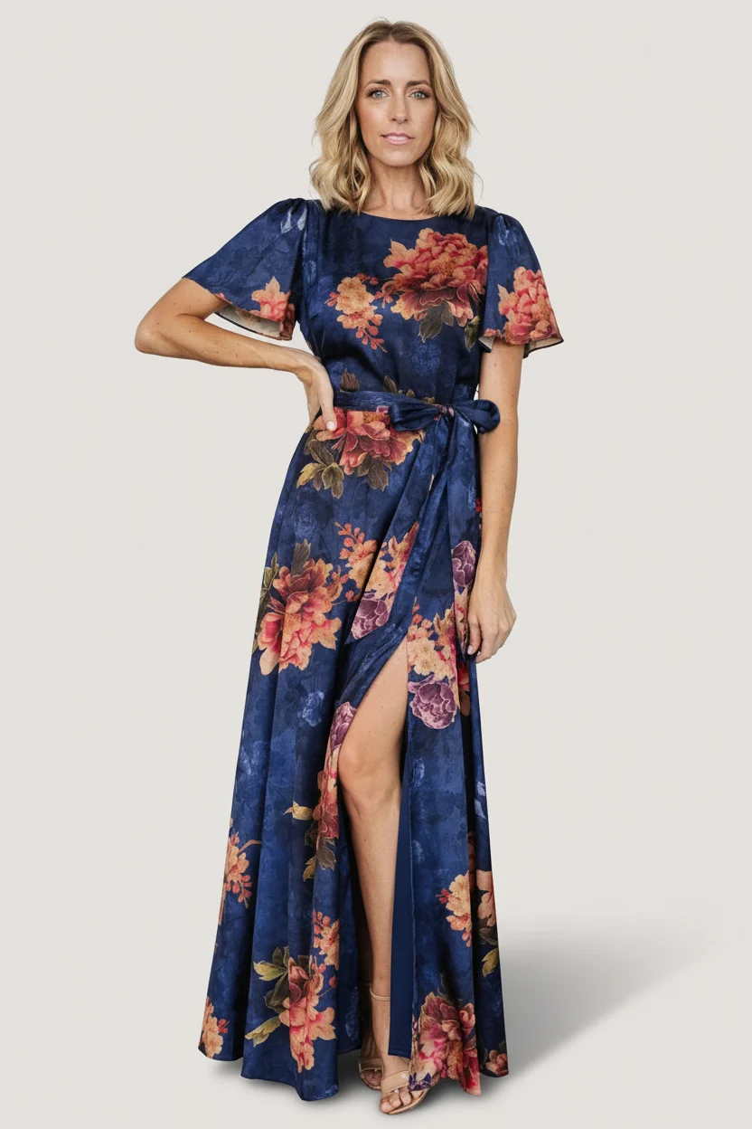 Colina Maxi Dress — Navy Floral Satin Maxi
