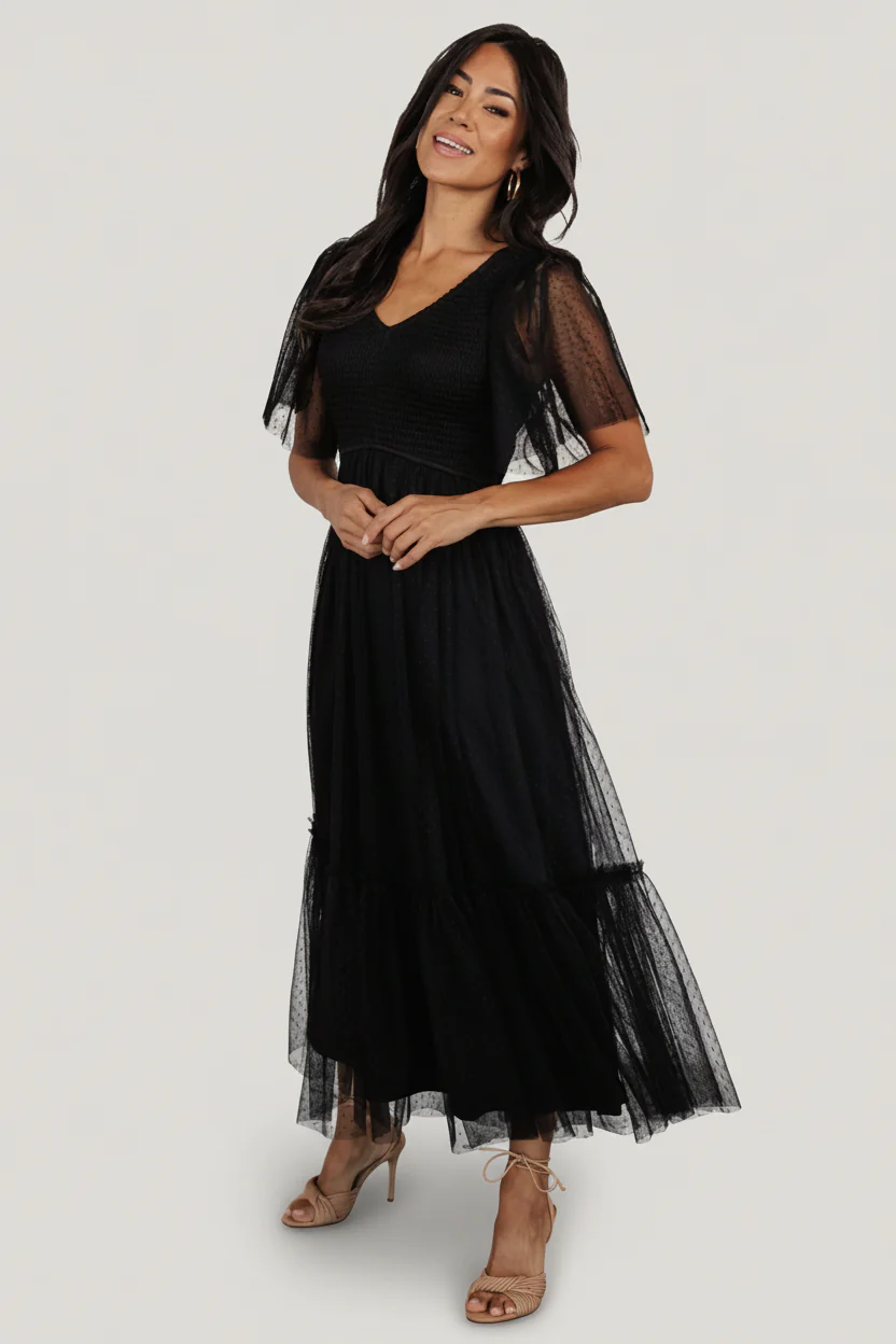 Martha Smocked Tulle Midi Dress — Black 19 Martha Smocked Tulle Midi Dress — Black