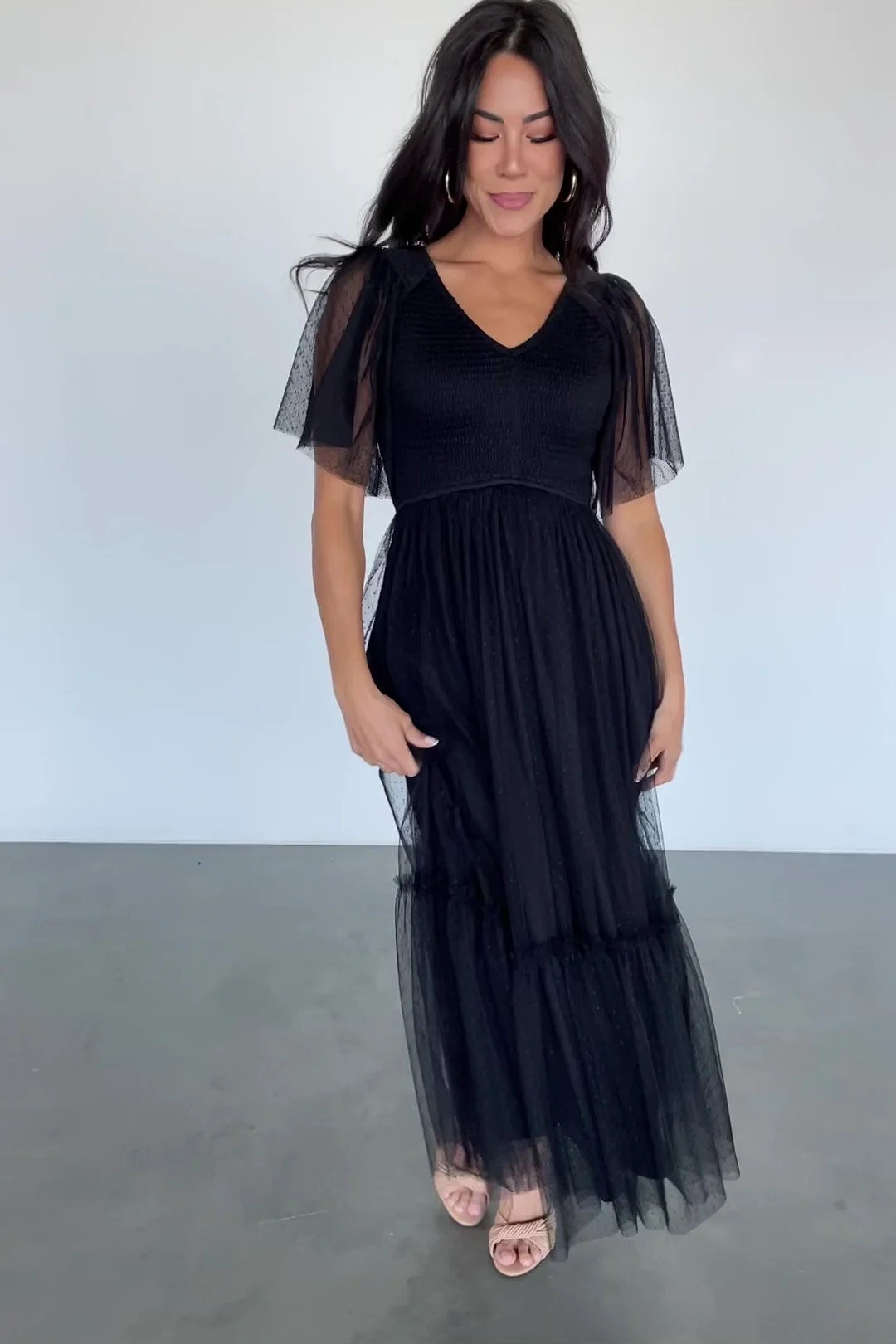 Martha Smocked Tulle Midi Dress — Black