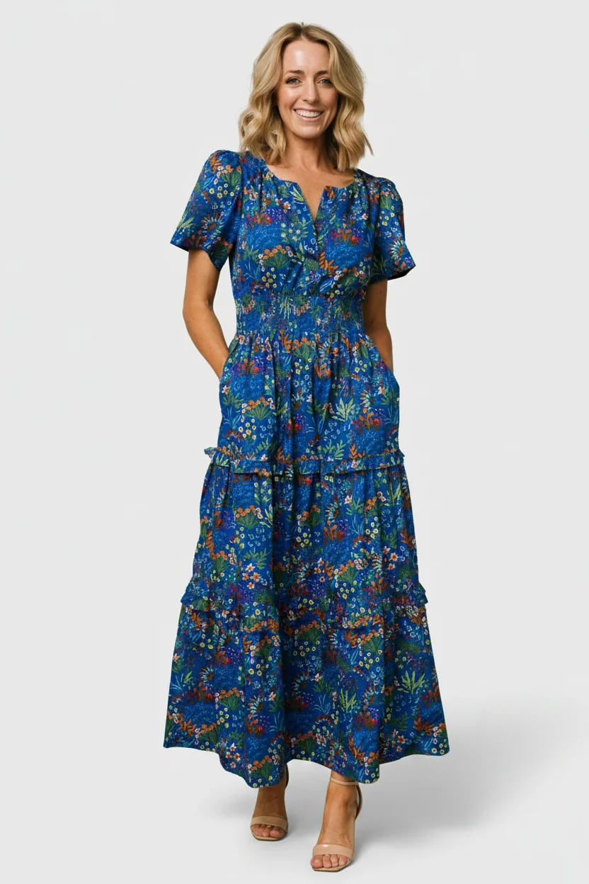 Palmer Tiered Maxi Dress — Cobalt Multi Floral
