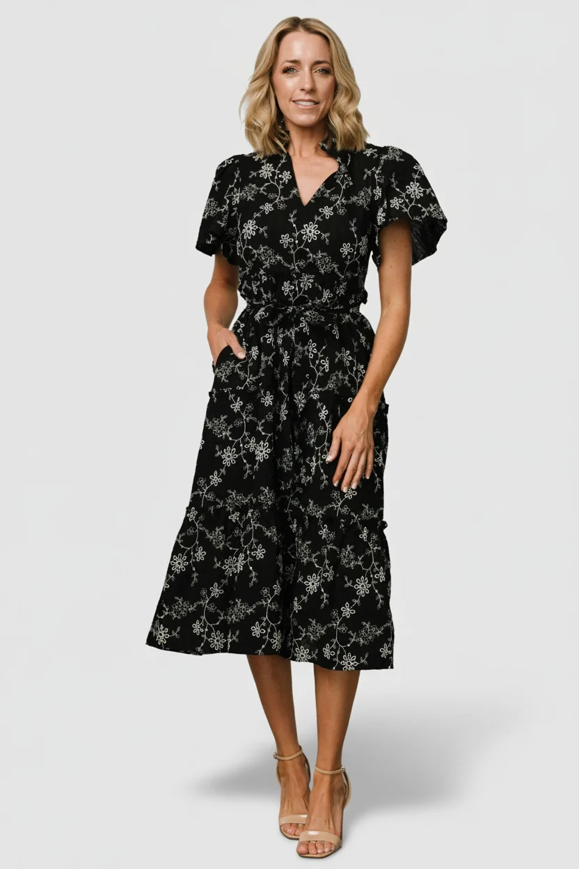 Odeya Tiered Midi Dress - Black & White