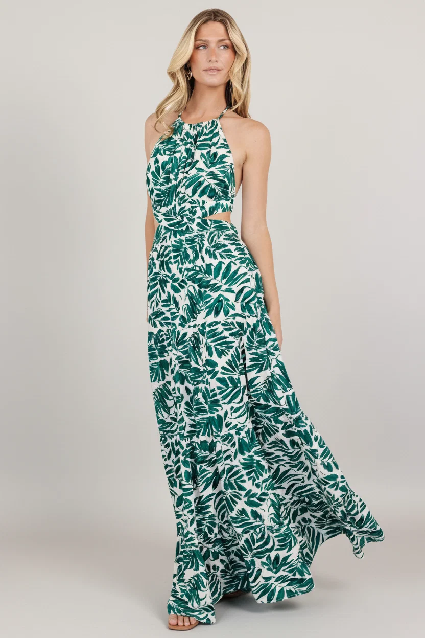 Brett Halter Maxi Dress - Palm Green Print