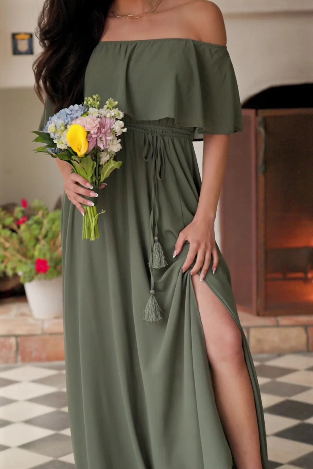 Victoria Off Shoulder Maxi Dress — Dark Sage