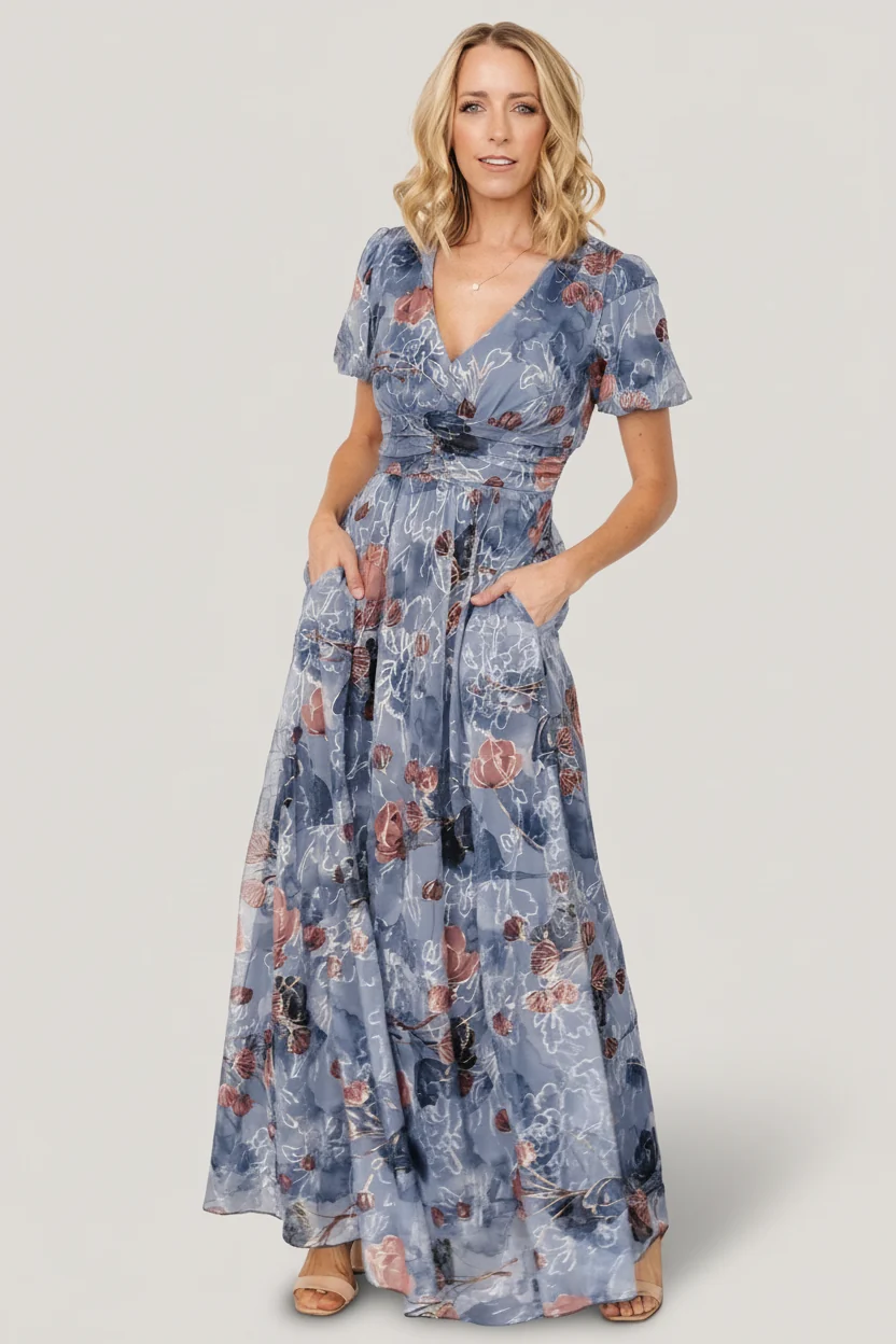 Ardley Maxi Dress Slate Print Embroidered Tulle