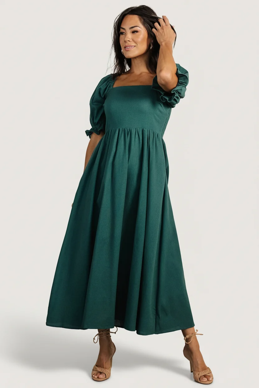 Britton Smocked Square-Neck Midi — Evergreen 14 Britton Smocked Square-Neck Midi — Evergreen