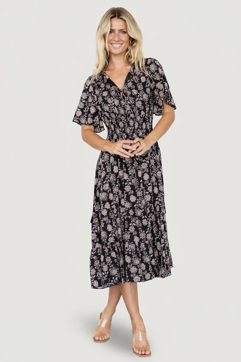 Spell Boho Midi Dress — Black & Taupe Floral