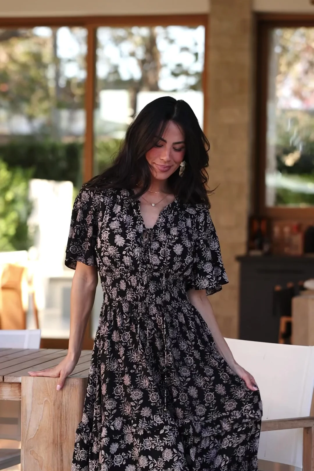 Spell Boho Midi Dress — Black & Taupe Floral