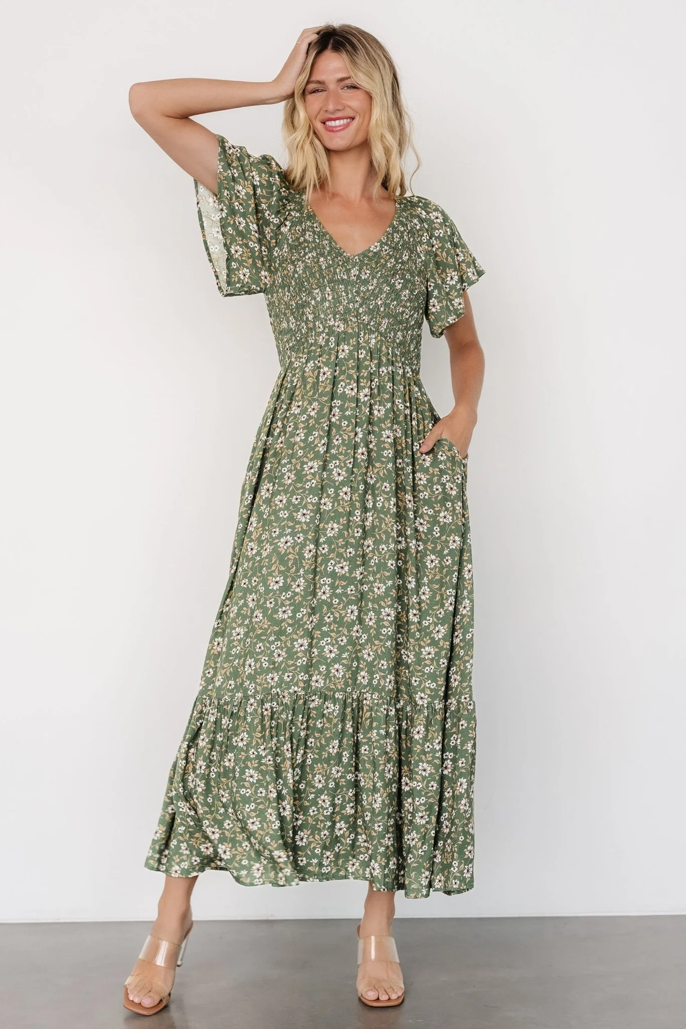 Joanie Smocked Midi Dress, Green Floral 15 Joanie Smocked Midi Dress, Green Floral