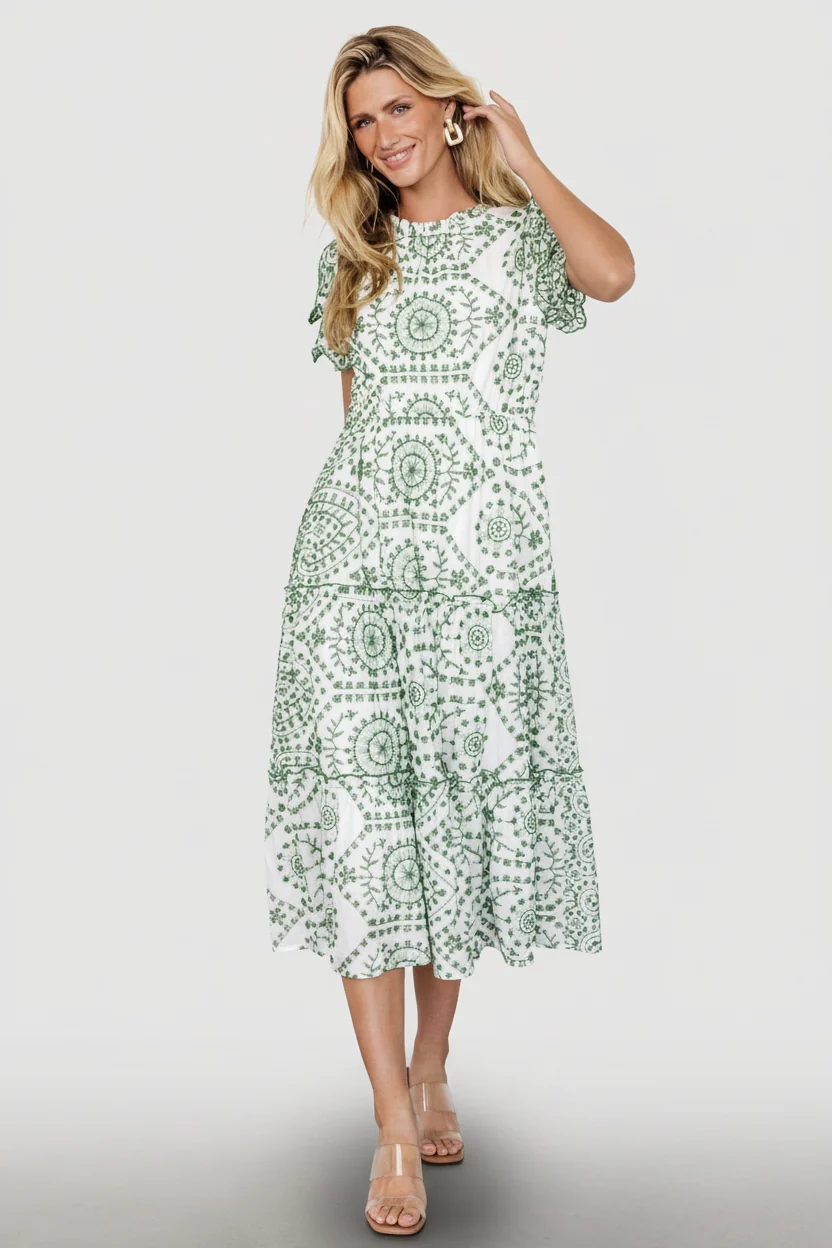 Mirabel Eyelet Midi Dress — White & Green 22 Mirabel Eyelet Midi Dress — White & Green