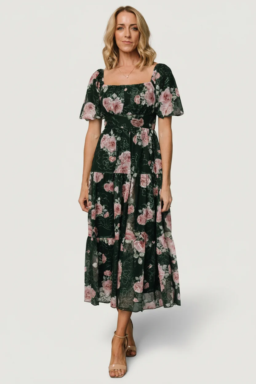 Annabeth Tulle Midi Dress - Dark Green & Pink