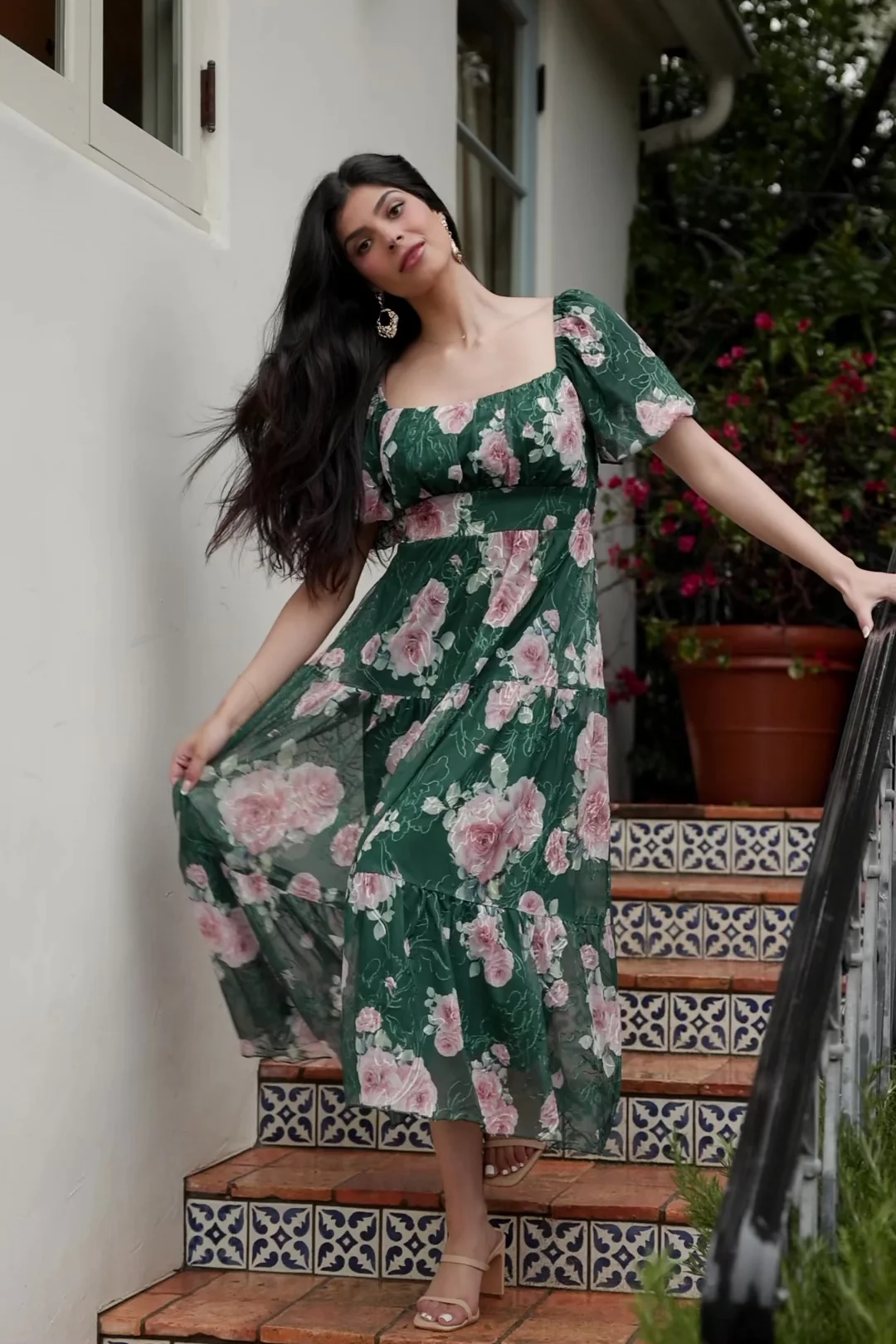 Annabeth Tulle Midi Dress - Dark Green & Pink