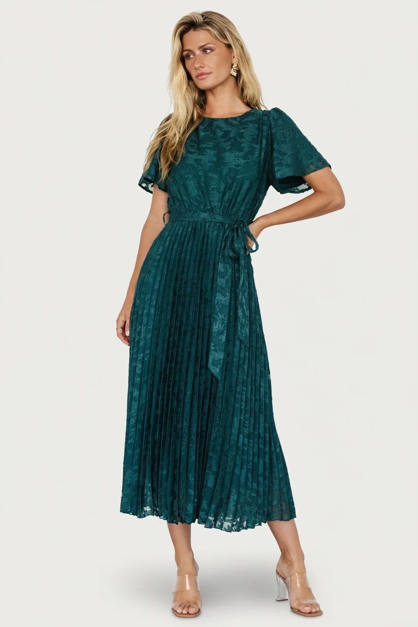 Mindy Pleated Midi Dress — Emerald Chiffon 1 Mindy Pleated Midi Dress — Emerald Chiffon