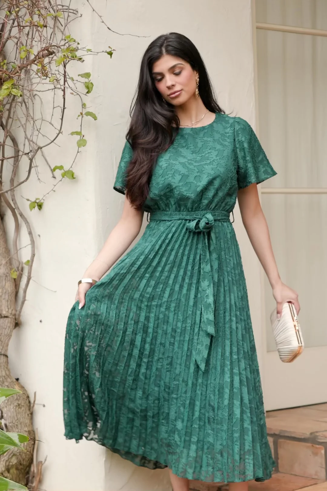 Mindy Pleated Midi Dress — Emerald Chiffon 2 Mindy Pleated Midi Dress — Emerald Chiffon