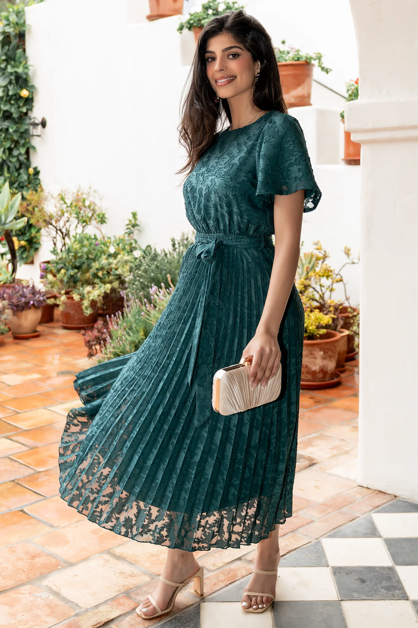 Mindy Pleated Midi Dress — Emerald Chiffon 3 Mindy Pleated Midi Dress — Emerald Chiffon
