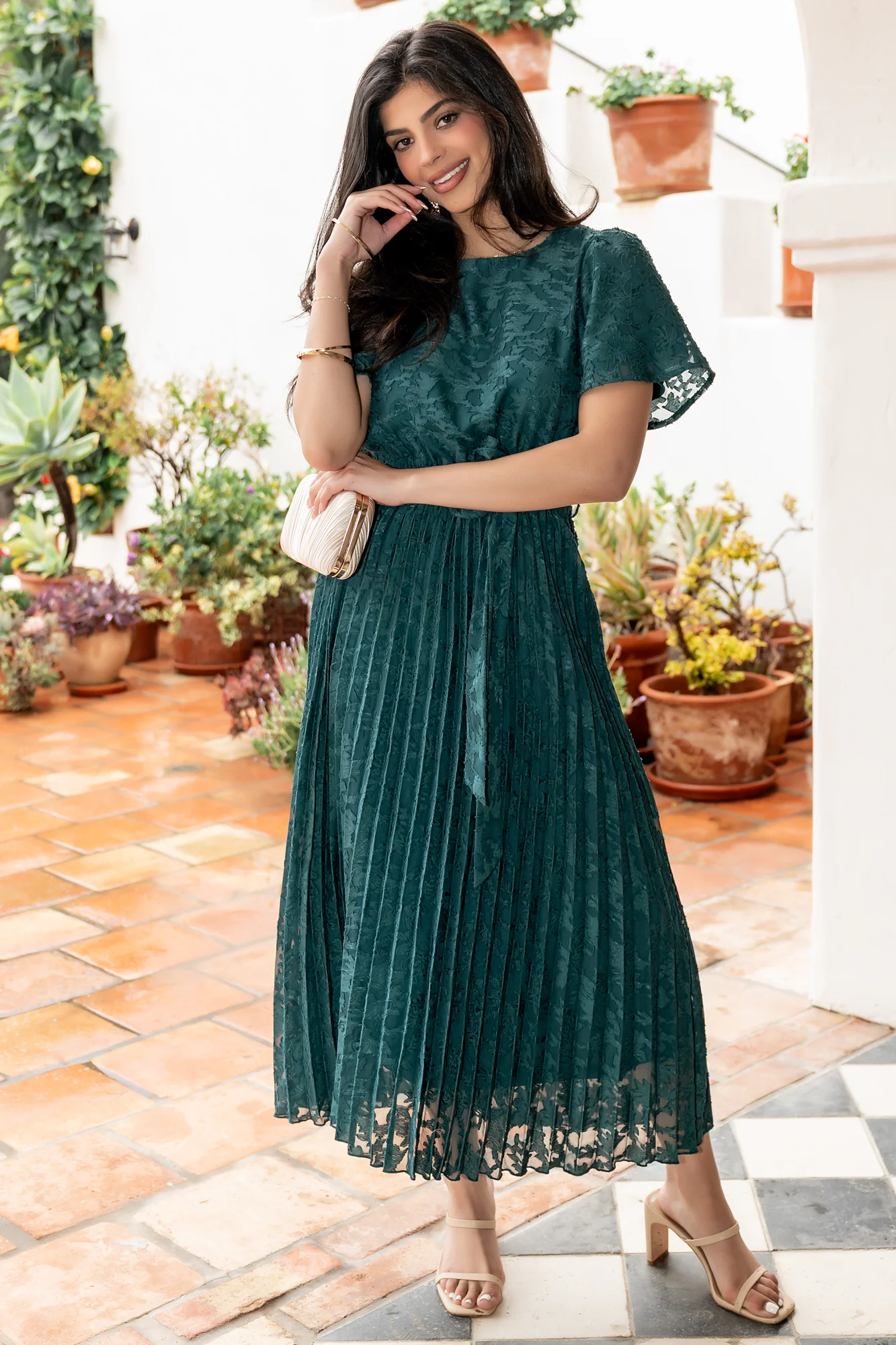 Mindy Pleated Midi Dress — Emerald Chiffon 5 Mindy Pleated Midi Dress — Emerald Chiffon