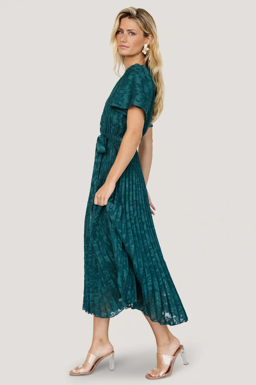 Mindy Pleated Midi Dress — Emerald Chiffon 8 Mindy Pleated Midi Dress — Emerald Chiffon