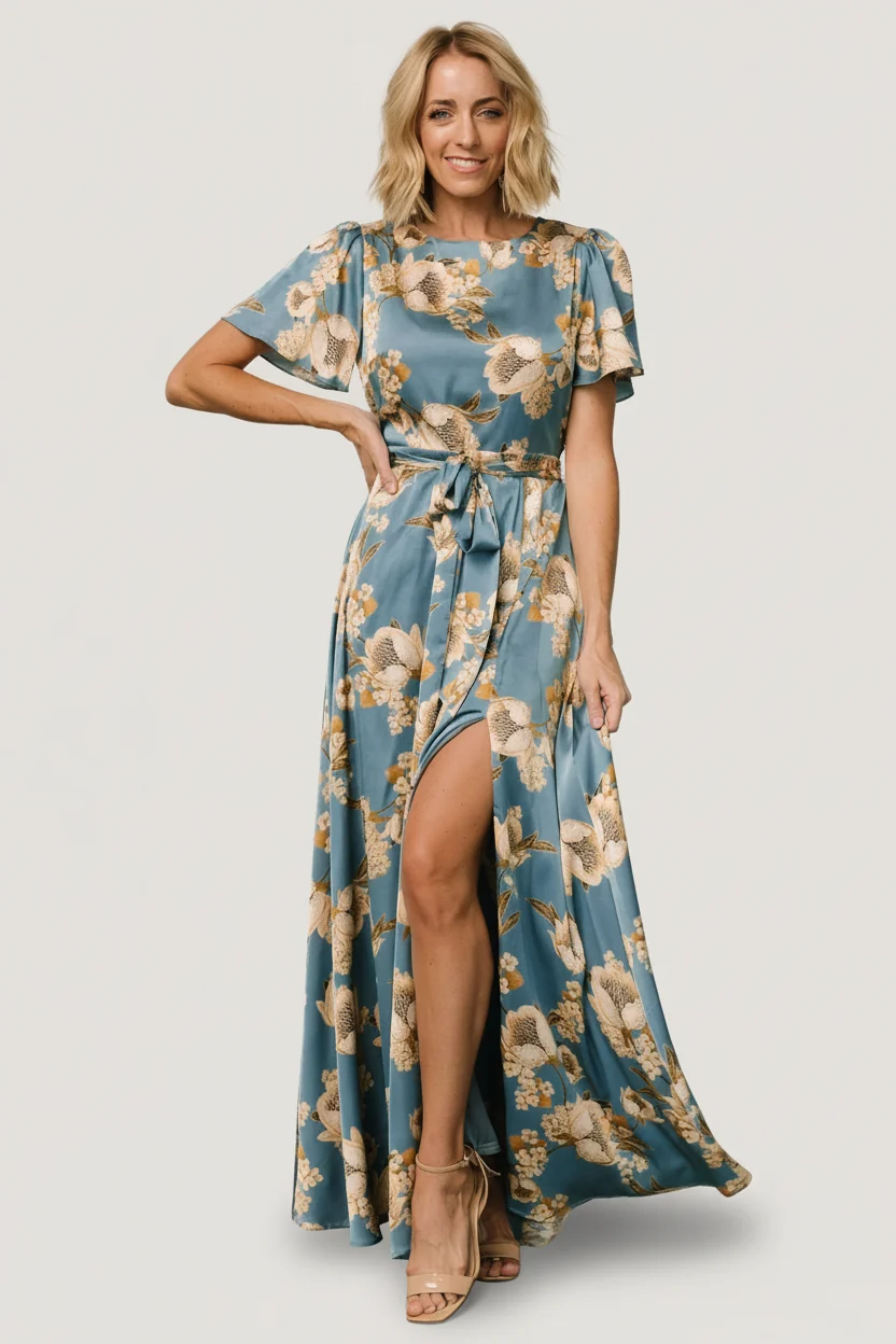 Agnes Satin Maxi Dress — Vintage Teal & Gold