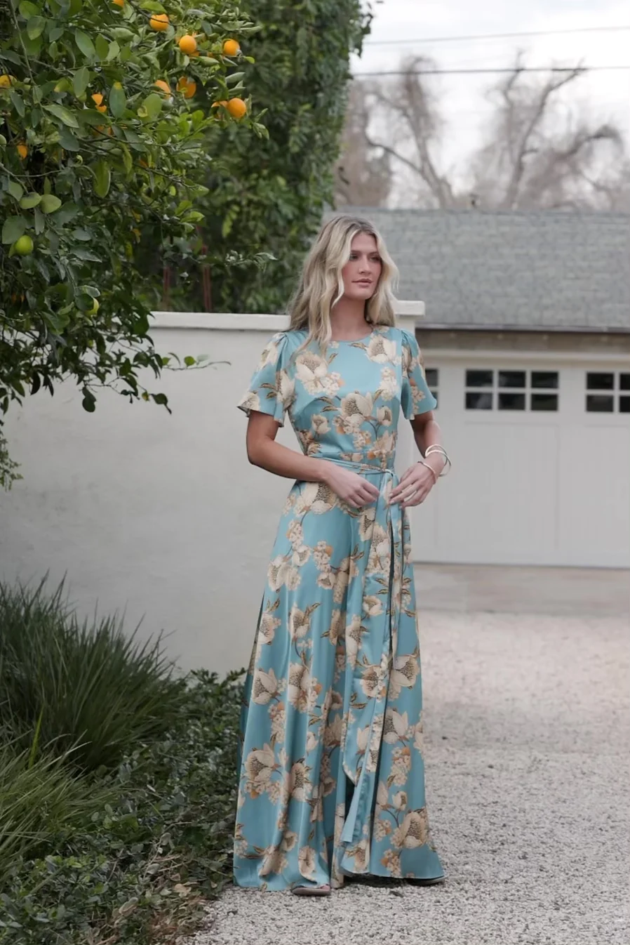 Agnes Satin Maxi Dress — Vintage Teal & Gold