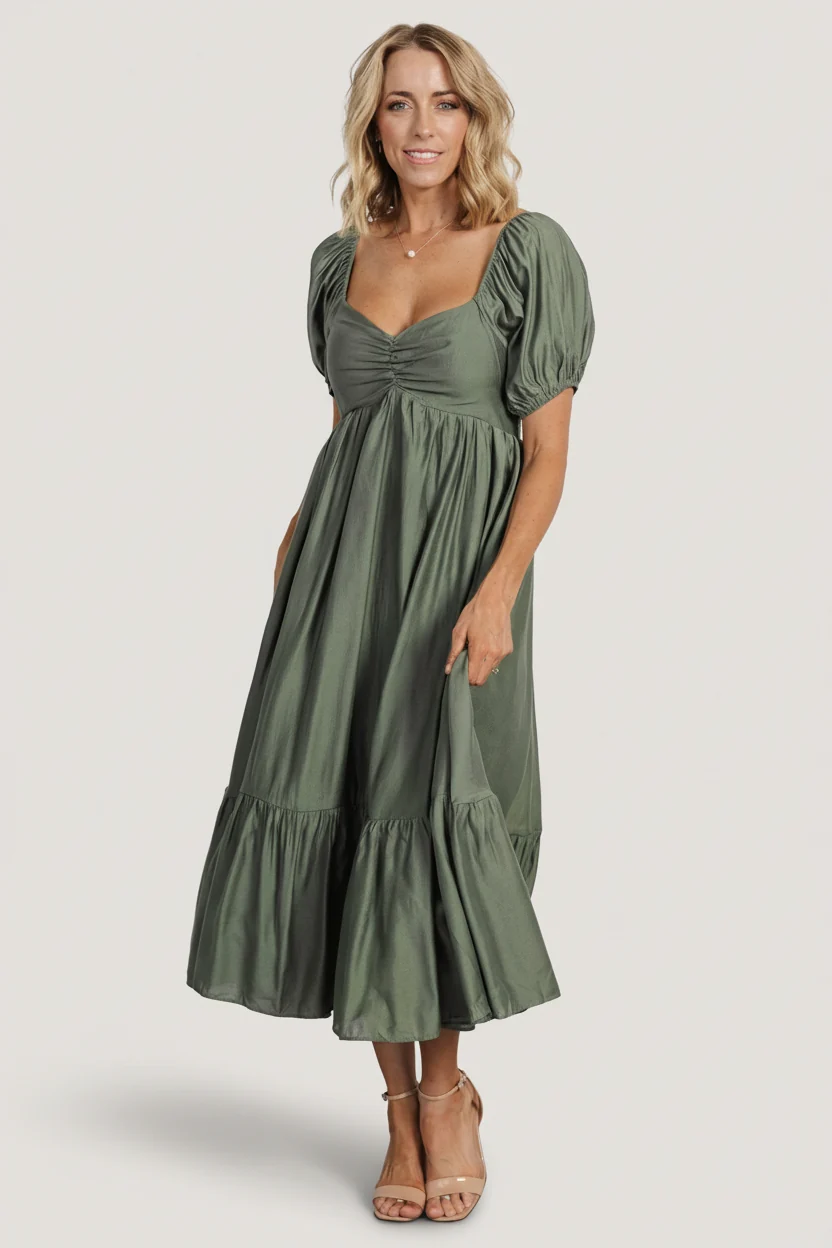 Annalisa Midi Dress, Dusty Olive Rayon