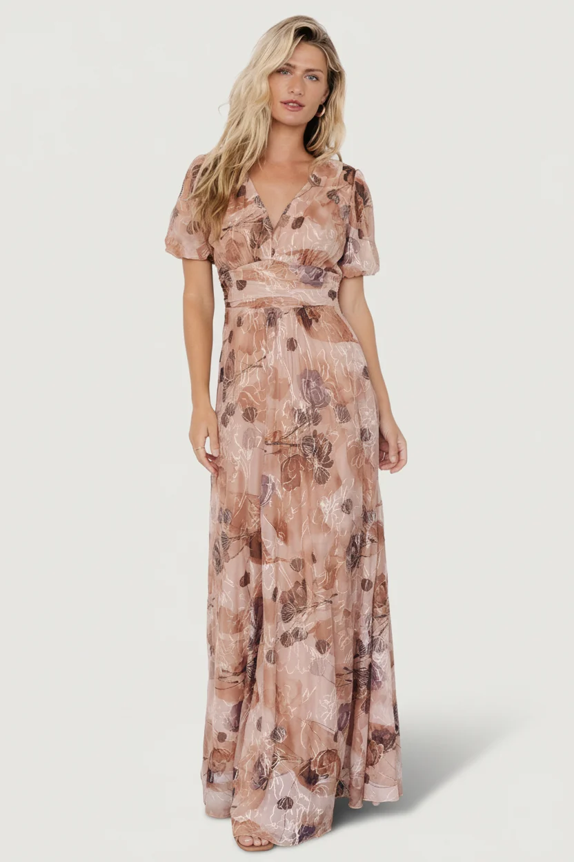 Ardley Taupe Maxi Dress — V-Neck & Pockets
