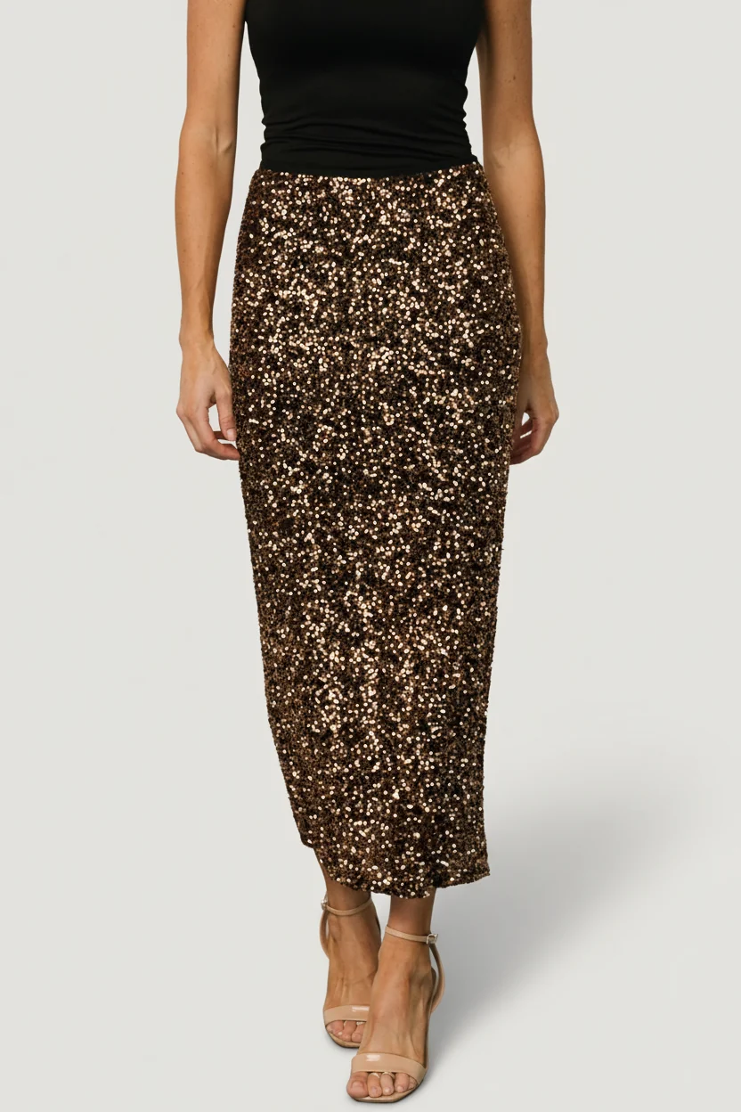 Charmed Sequin Midi Skirt — Bronze Midi