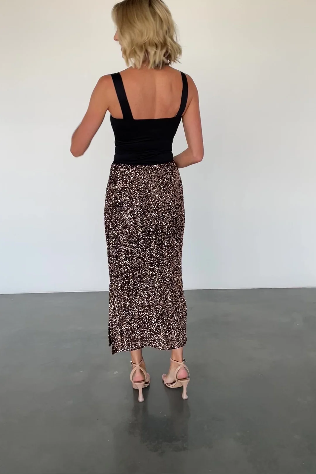 Charmed Sequin Midi Skirt — Bronze Midi