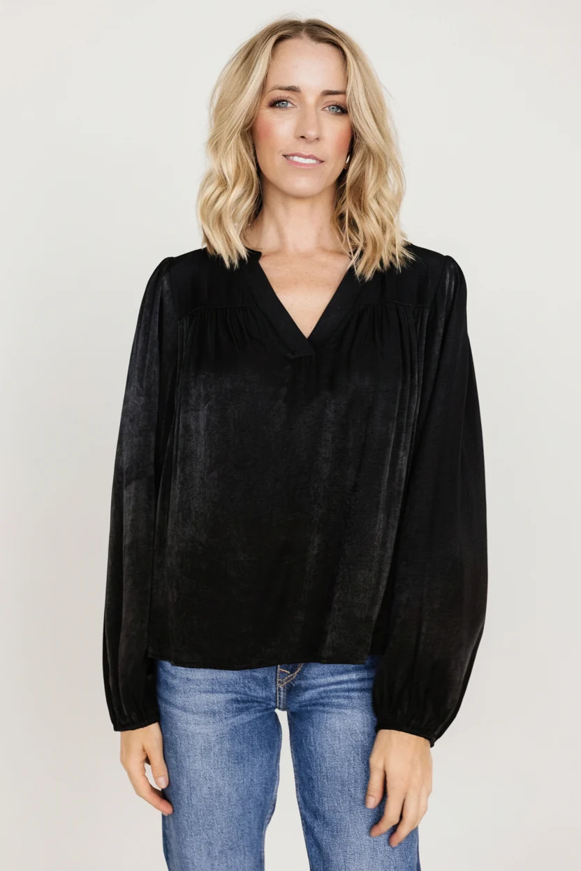 Alina Blouse - Black Mandarin Neck, Relaxed