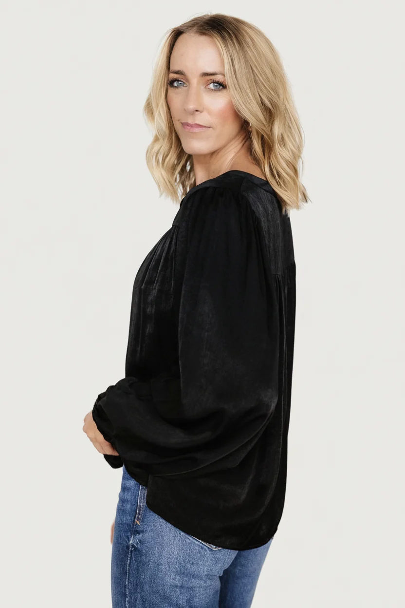 Alina Blouse - Black Mandarin Neck, Relaxed