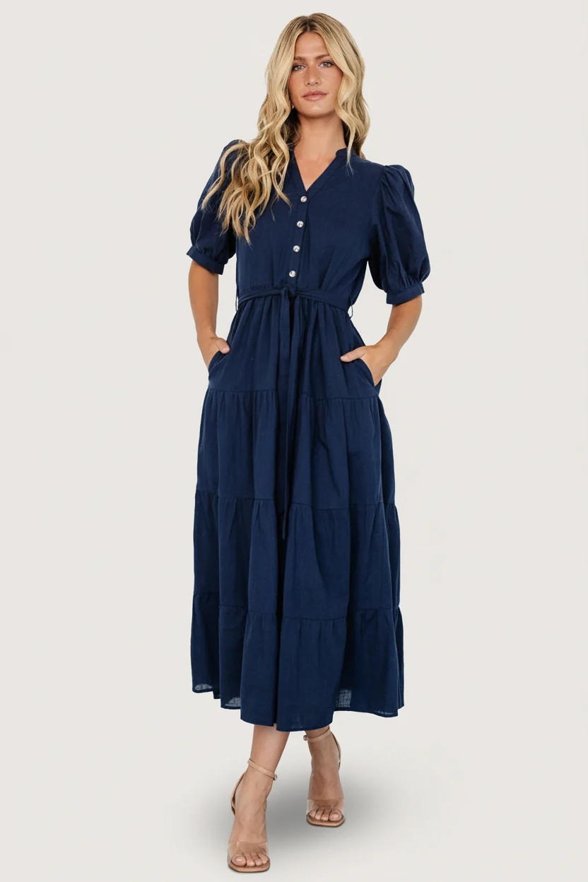 Camille Maxi Dress - Navy Tiered Cotton Maxi