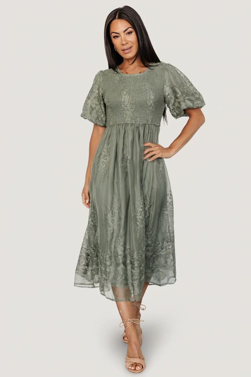Corrine Embroidered Midi Dress — Deep Sage