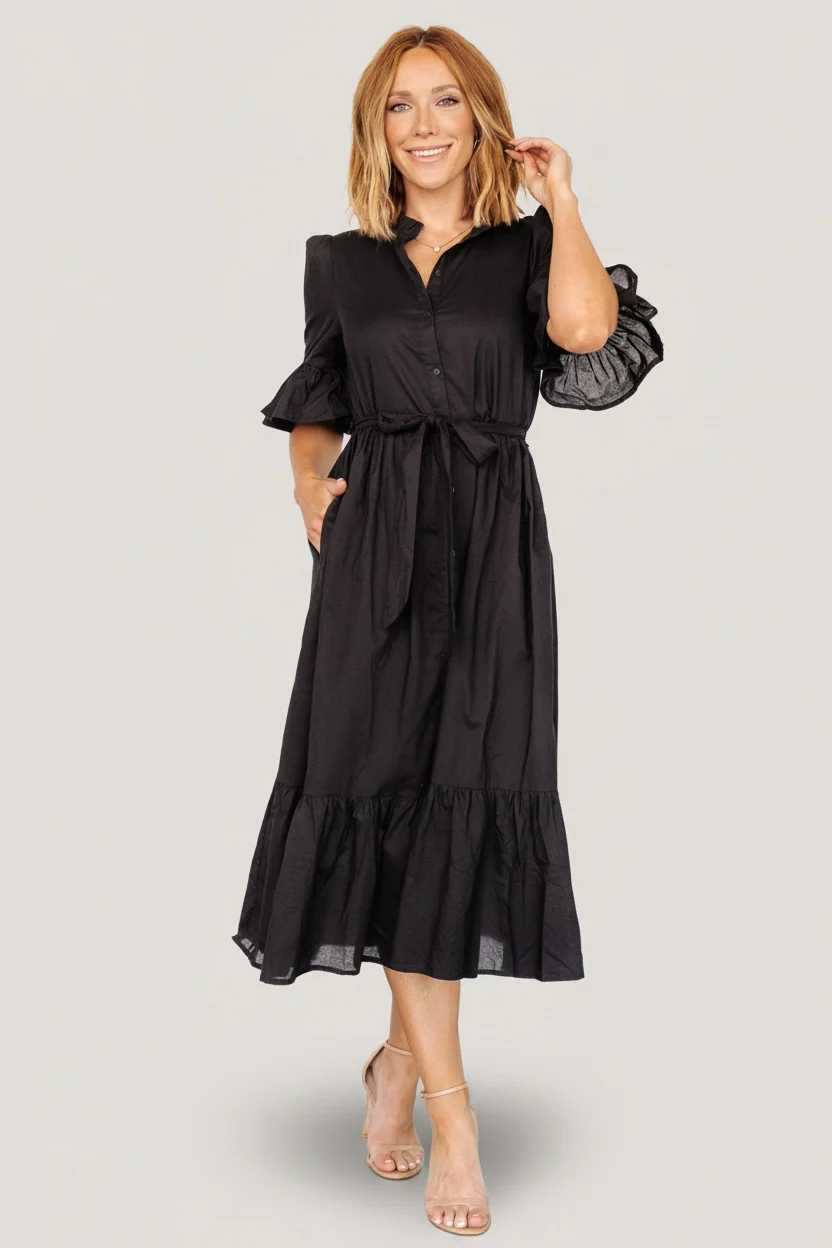 Mirielle Ruffle Midi Dress — Black Cotton