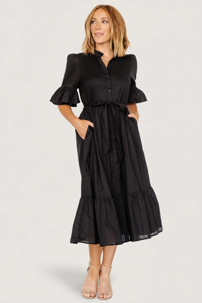Mirielle Ruffle Midi Dress — Black Cotton