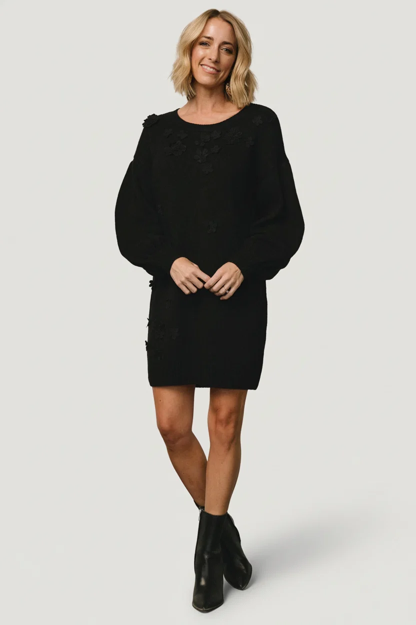 Margaux Sweater Dress — Black Floral Applique