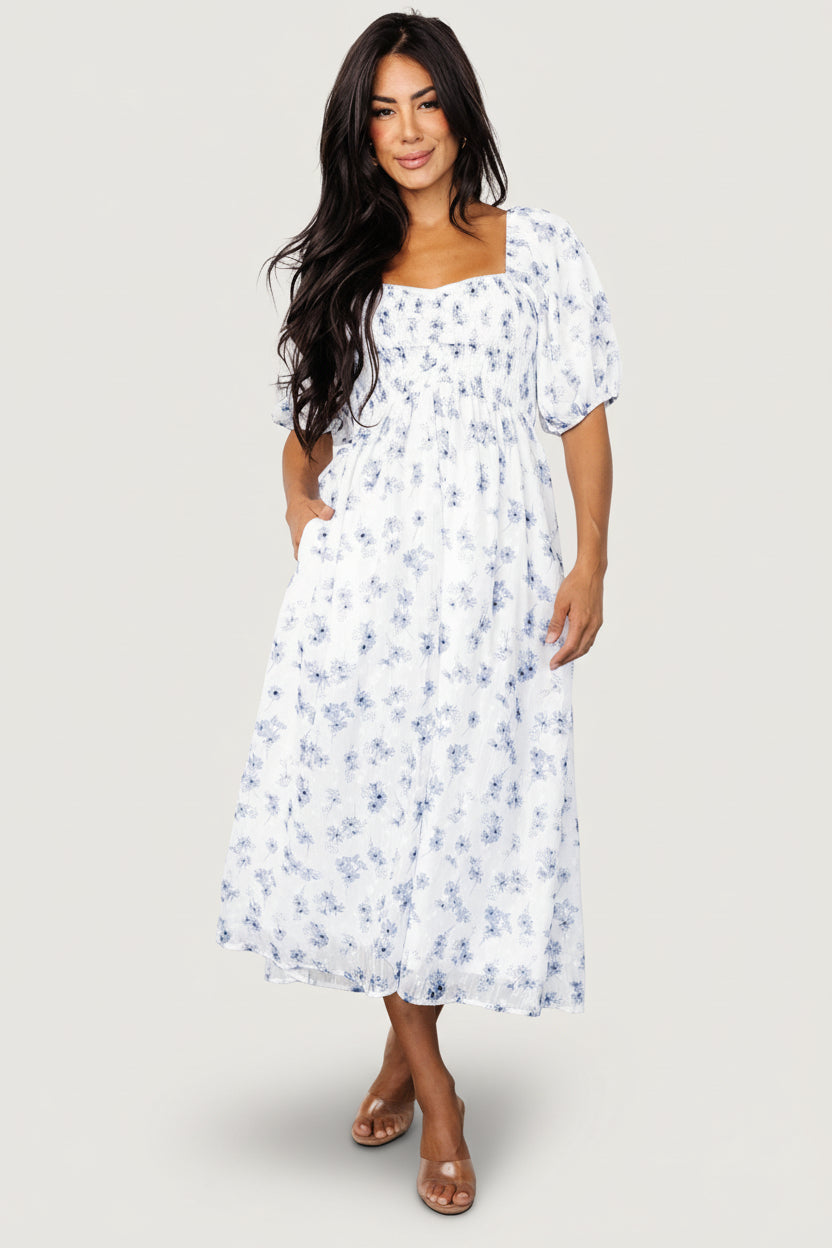 Luca Smocked Midi Dress - White & Blue Floral 1 Luca Smocked Midi Dress - White & Blue Floral
