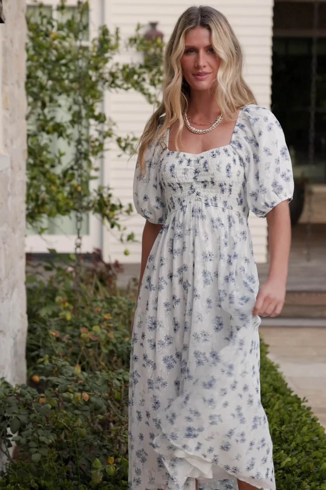 Luca Smocked Midi Dress - White & Blue Floral 2 Luca Smocked Midi Dress - White & Blue Floral