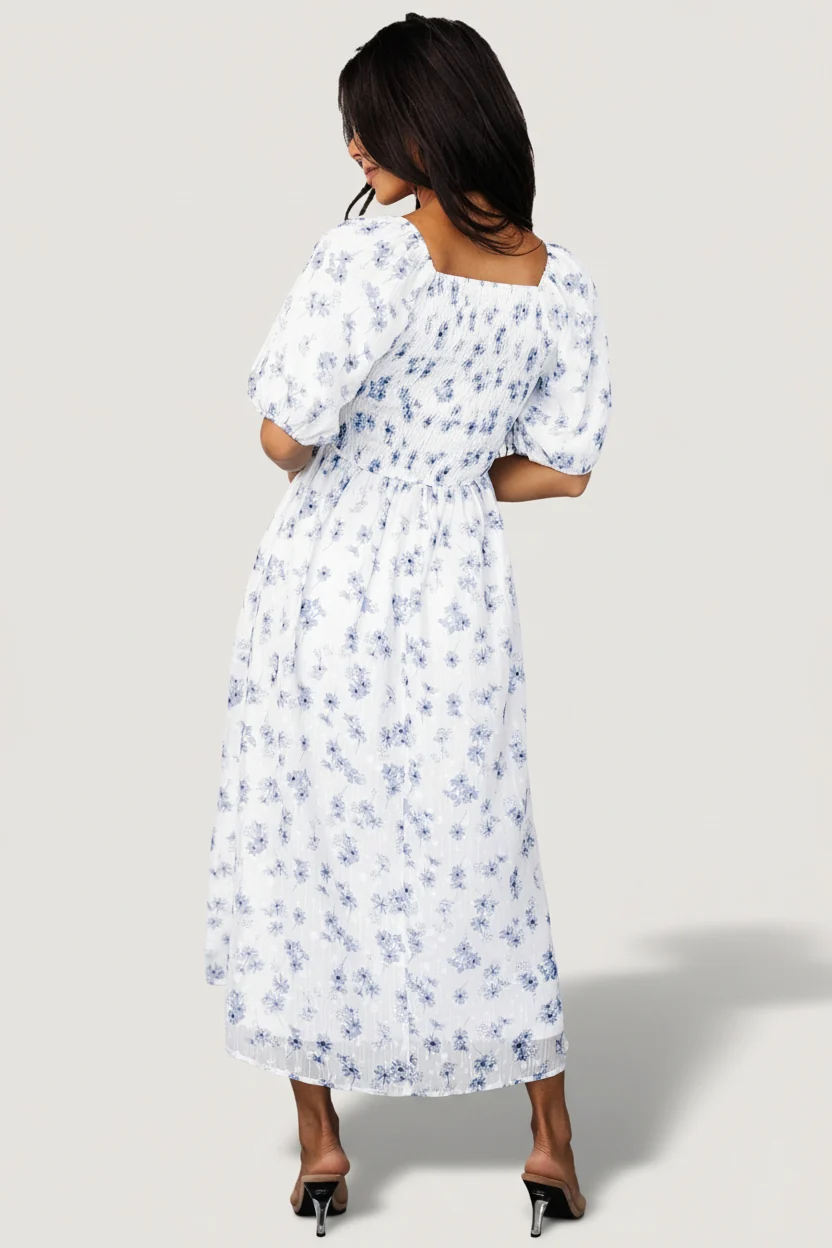 Luca Smocked Midi Dress - White & Blue Floral 3 Luca Smocked Midi Dress - White & Blue Floral