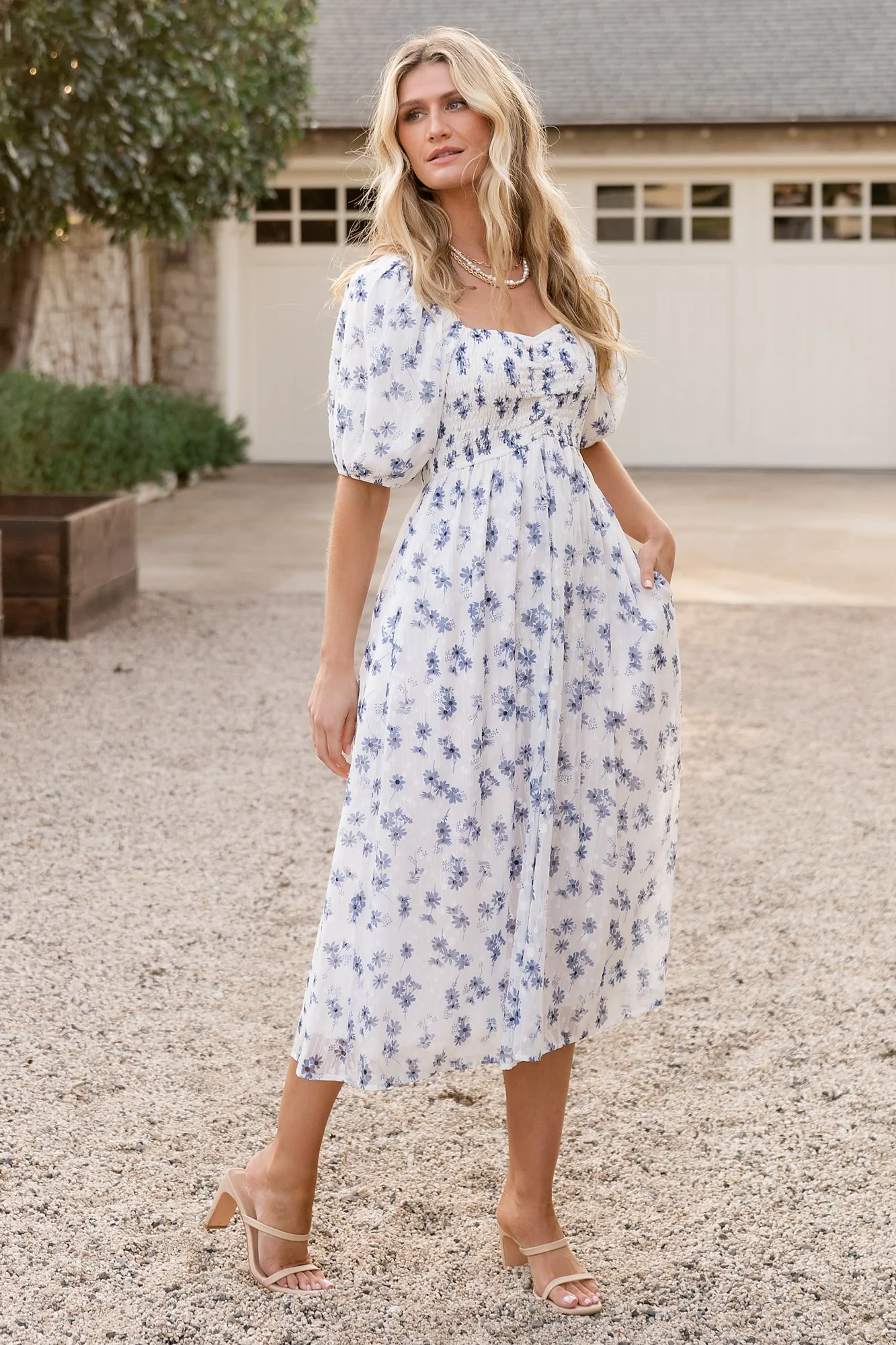 Luca Smocked Midi Dress - White & Blue Floral 4 Luca Smocked Midi Dress - White & Blue Floral