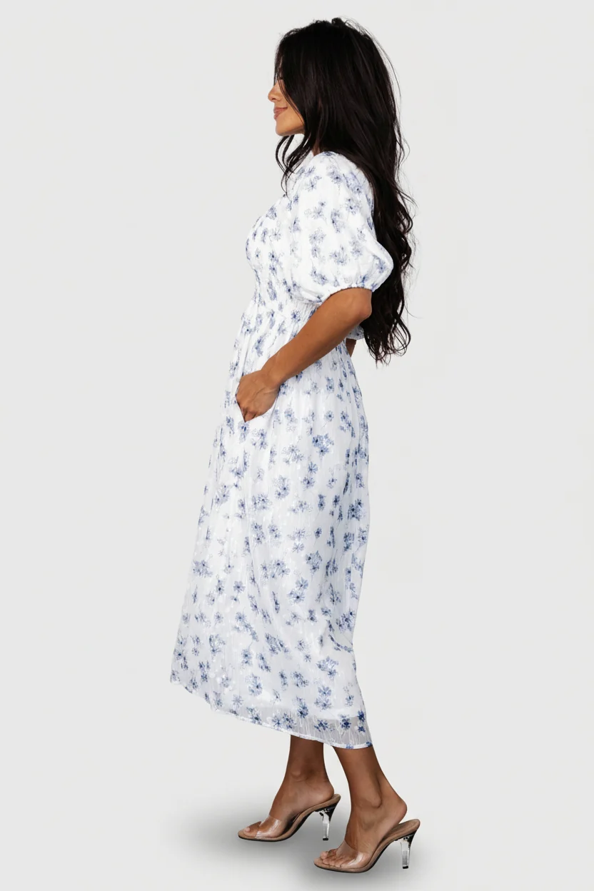 Luca Smocked Midi Dress - White & Blue Floral 5 Luca Smocked Midi Dress - White & Blue Floral