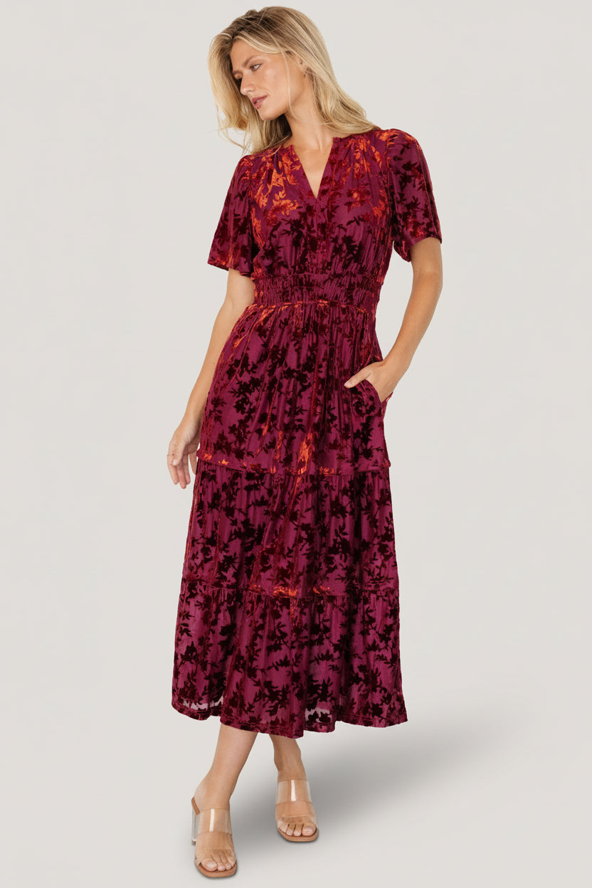 Bronwyn Velvet Midi Dress - Rust Floral