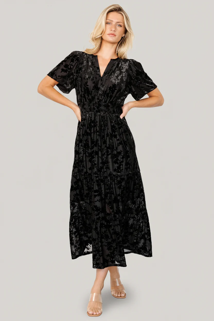 Bronwyn Velvet Dress — Smocked Waist, Black