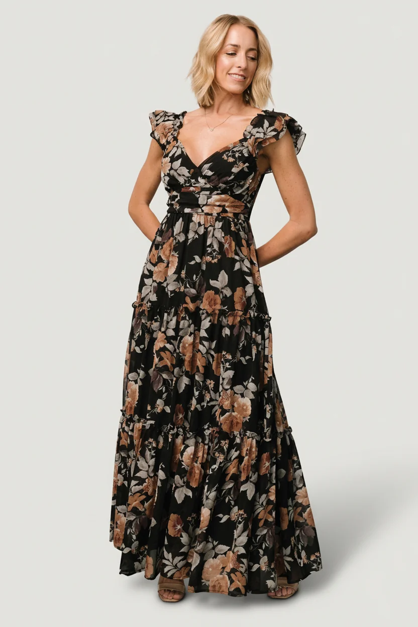 Martina Maxi Dress — Black Copper Floral Maxi