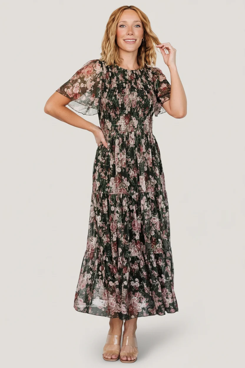 Mara Embroidered Tulle Midi Dress - Dark Green