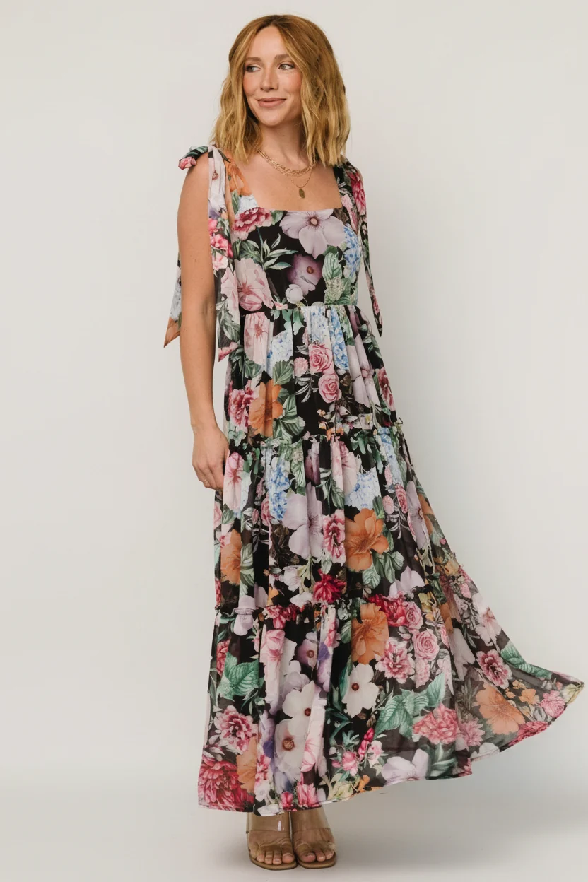 Anita Maxi Dress — Black Multi Floral Chiffon
