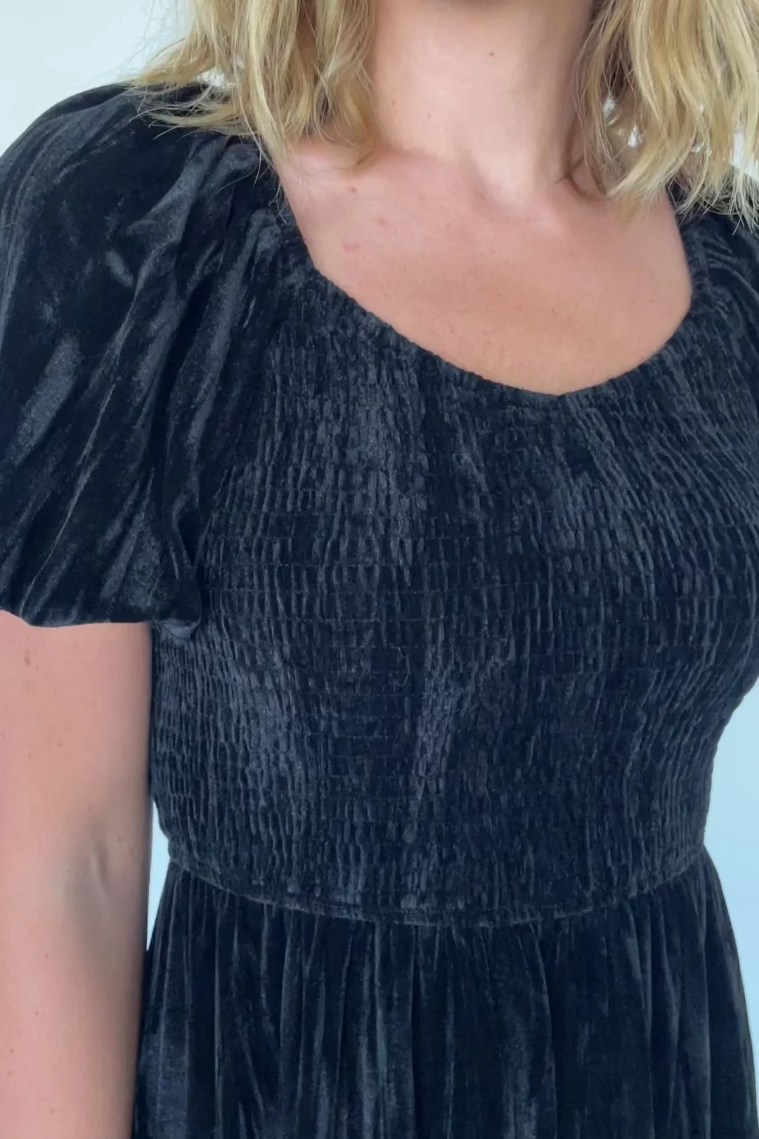 Colleen Velvet Maxi Dress — Smocked V-Neck