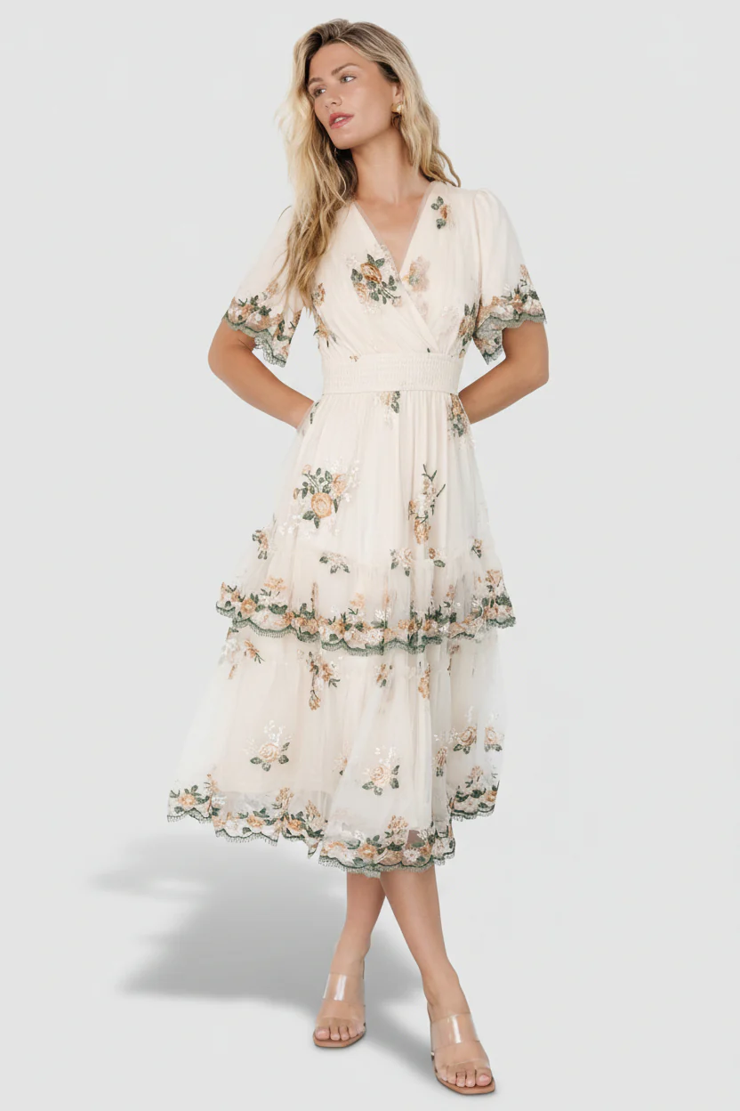 Cynthia Cream Floral Embroidered Midi Dress