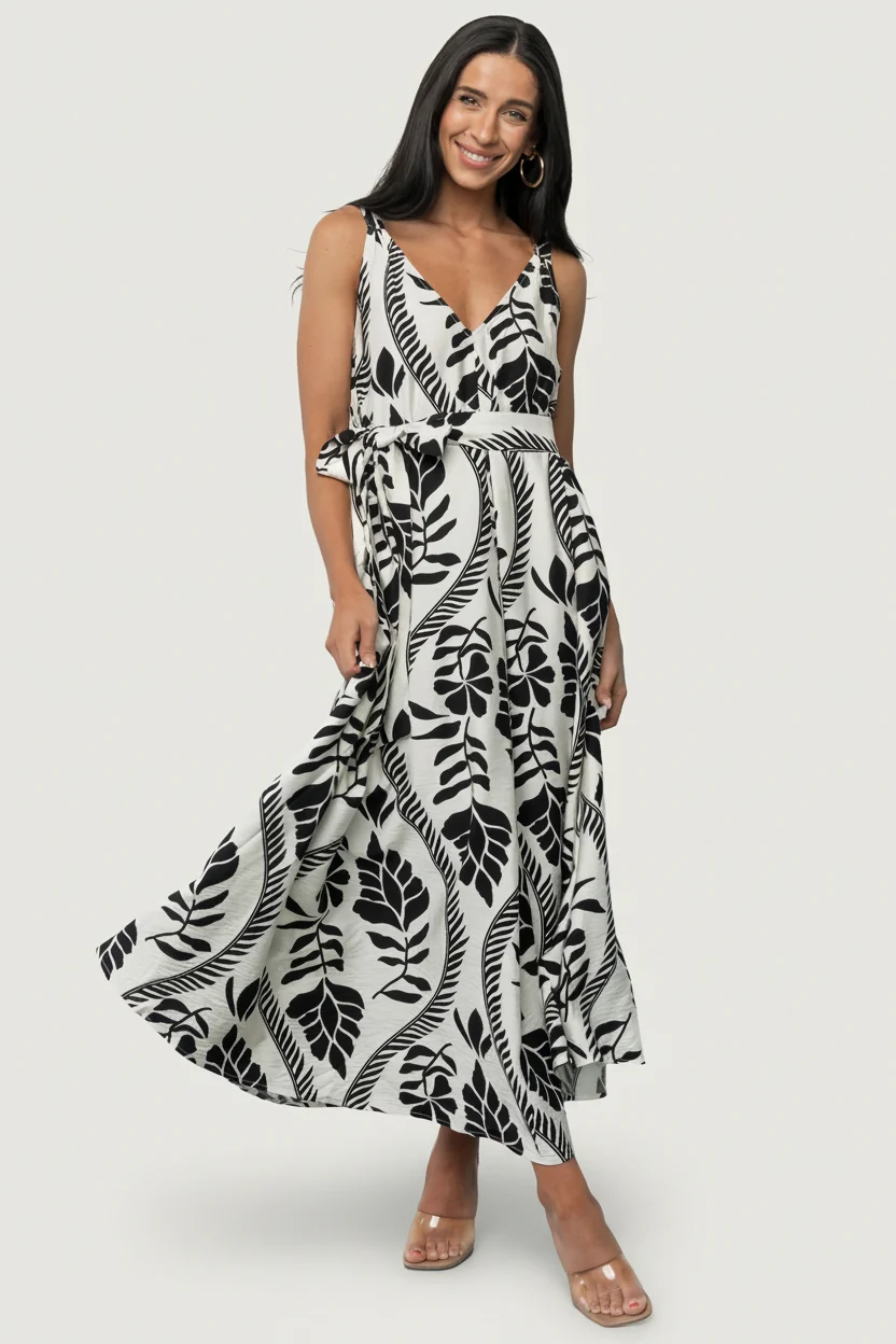 Sofía Maxi Dress — Ivory & Black Linen
