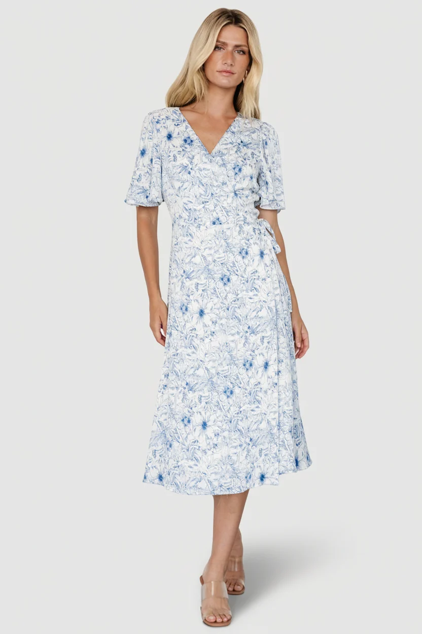 Amelie Wrap Midi Dress — Blue Floral Crepe