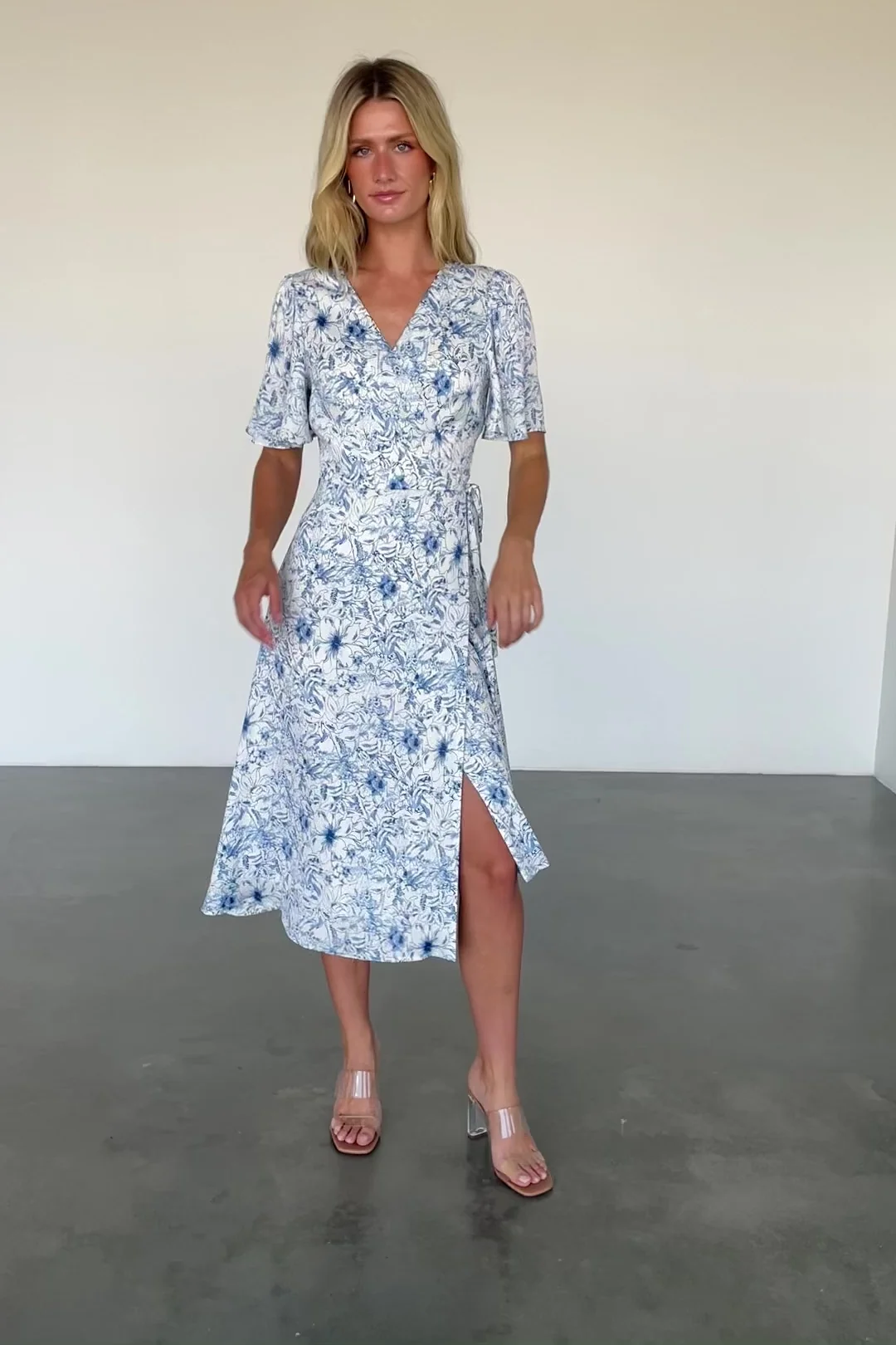 Amelie Wrap Midi Dress — Blue Floral Crepe