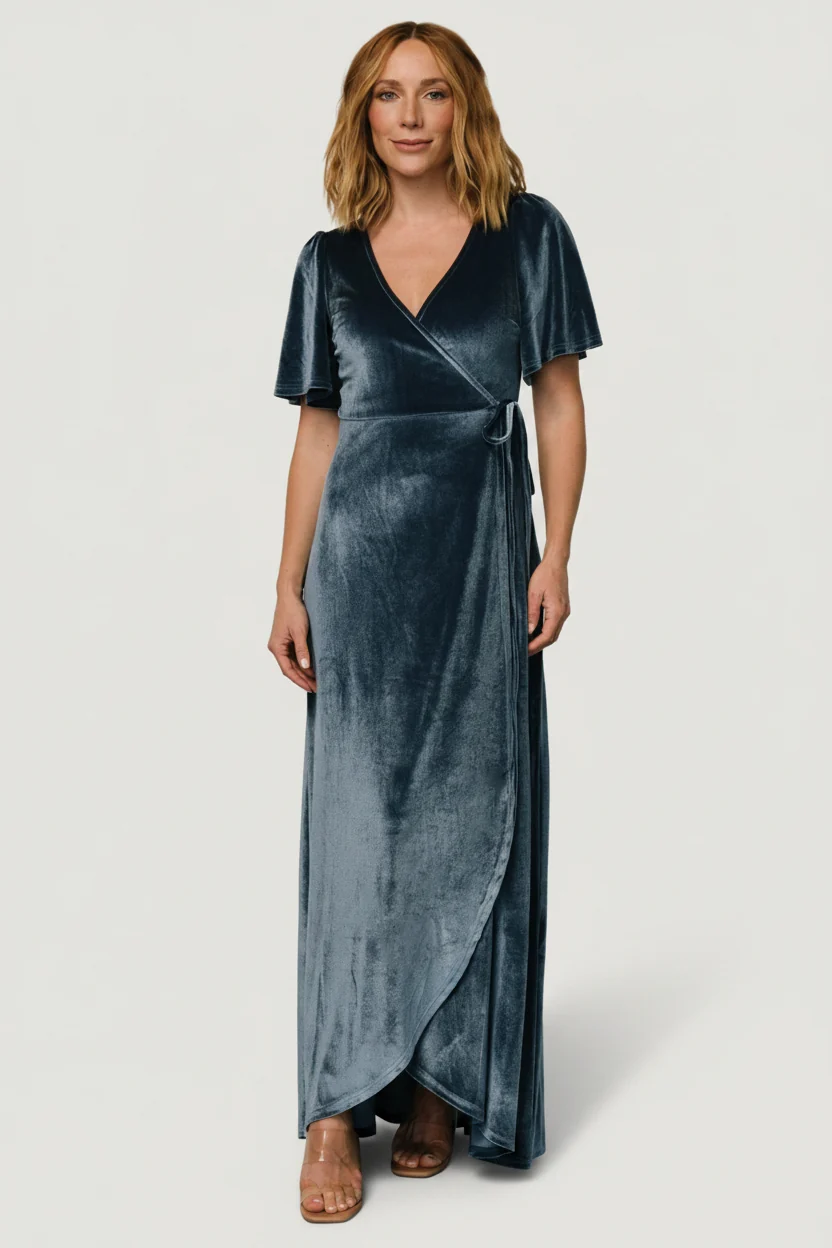 Katelyn Velvet Maxi Wrap Dress — Soft Blue